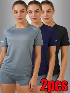 Women’s solid-color crewneck T-shirt set, unisex, loose fit, lightweight breathable quick-dry fabric, suitable for outdoor casual sports and everyday wear