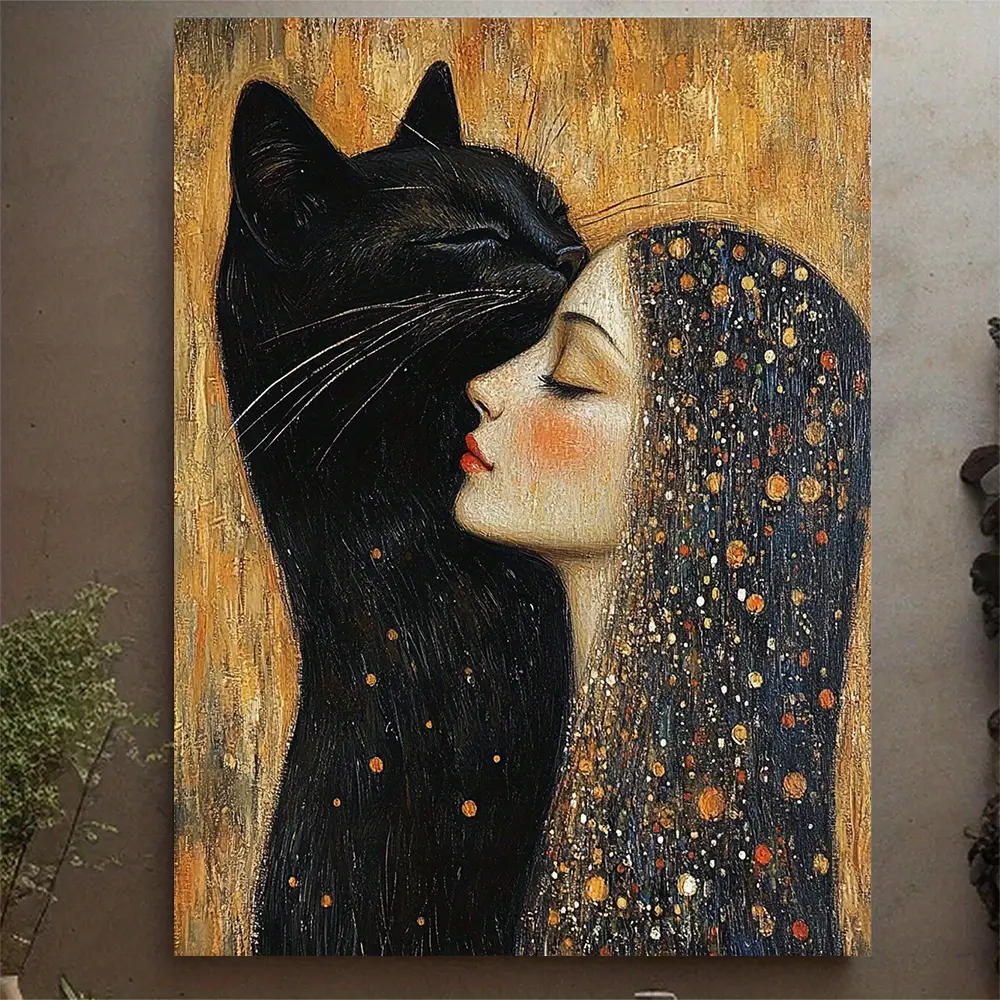 1 piece, framed, 30.48X 40.64cm [2D plane] Gustav Klimt cat, Gustav Klimt < The Kiss > , cat poster, cat art, gift for cat lovers, animal art, feline poster, wall art decoration