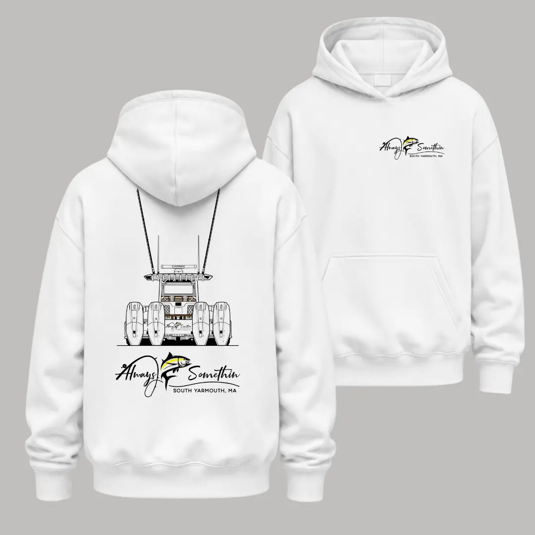 Always Somethin Fishing Hoodie – Center Console Boat Graphic, Offshore Boating Pullover, Cape Cod Gift