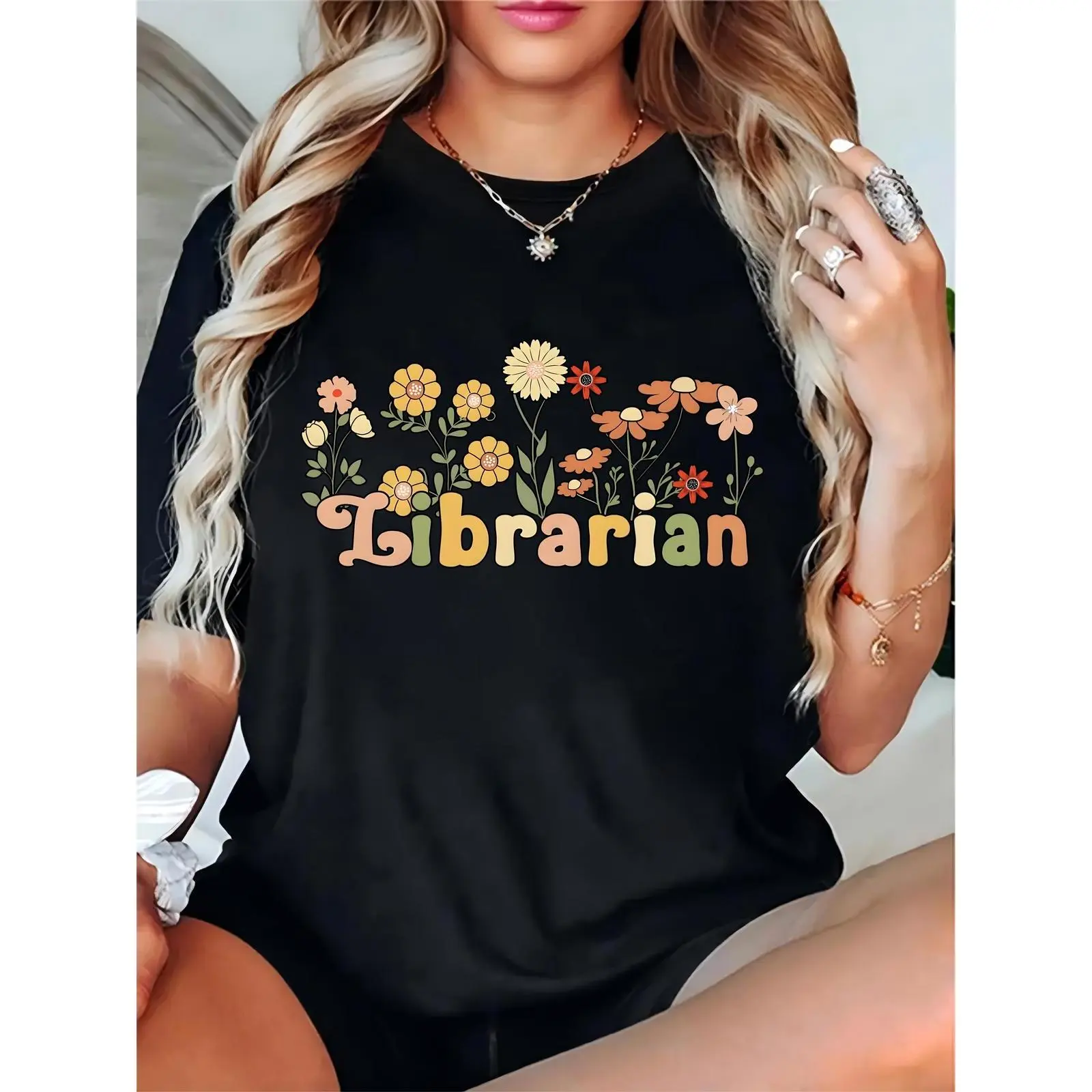 Ladies' Black Short-Sleeve Cotton T-Shirt Top - Essential Round Neck, Colorful Floral "Librarian" Retro Daisy Print, Comfortable Feminine Fit for Book Lovers & Casual Daily Wear