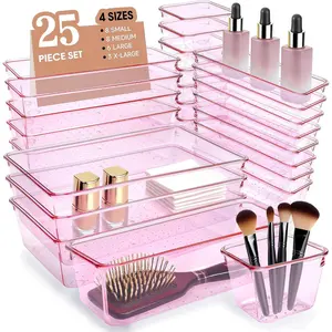 25 Pcs Pink Kitchen Desk Drawer Organizers Storage, Small Acrylic Vanity Trays Makeup Organizer for Office Bathroom Drawer