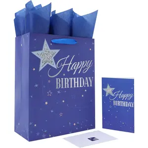 13" Large Blue Happy Birthday  Bag Set with Handles, Greeting Card, Tissue Papers and Stickers for Men Women Boys Girls  Teens, Stars Design, 1 count