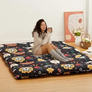 Twin Size 3 Inch Floral Japanese Futon Mattress, Thick Foldable Tatami Floor Sleeping Mat, Roll Up Play Mat for Dorm Living Room Camping, Black