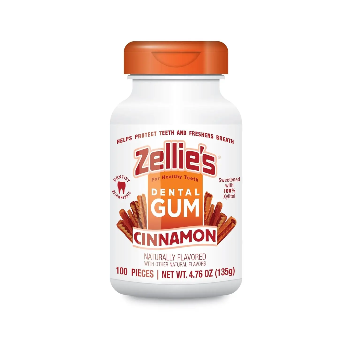 Zellie's | 100% Xylitol Cinnamon Chewing Gum | No Aspartame, Gluten Free, Vegan & Kosher (100 Count - Pack of 1)