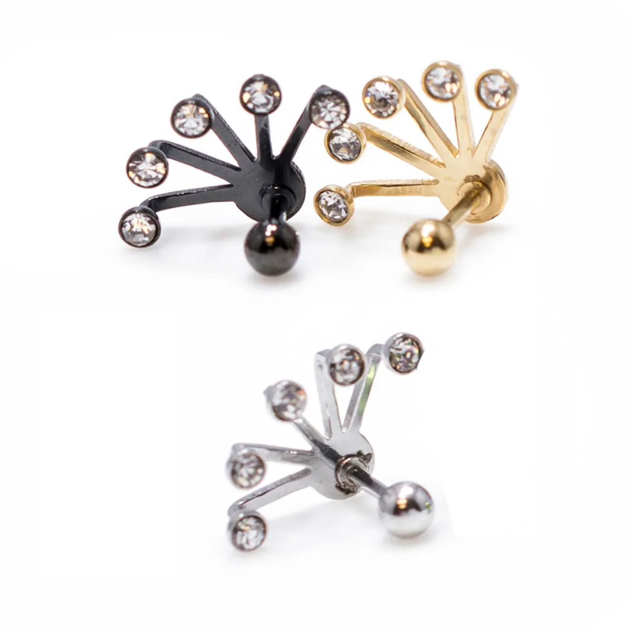 Cartilage/Tragus 16ga Barbell with Five Crystal Set Fan Hanging