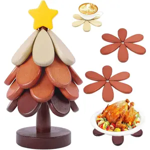 Wooden Trivets for Hot Dishes, Christmas Tree Shape Trivet Set of 4 for Hot Pot Pans,  Coasters for Kitchen Counter Decor, Hot Dish, Pot, Bowl, Teapot(Walnut )
