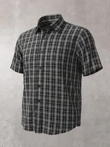 Casual Retro Plaid Short-Sleeve Button-Up, Classic Black & White Grid Print Apparel, Relaxed Fit Daily Wear Shirt for Teens & Young Adults, Perfect for School, Casual Outings & Work, Popular Basic Retro Merch, Must-Have Versatile Plaid Shirt