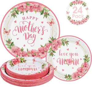 24 Pcs Happy Mother's Day Plates Set - Pink Love You Mom Paper Plate, Disposable Flowers Mothers Day Round Dinner Dessert Plates Tableware for Mother Days Party Supplies Favors Table Decorations