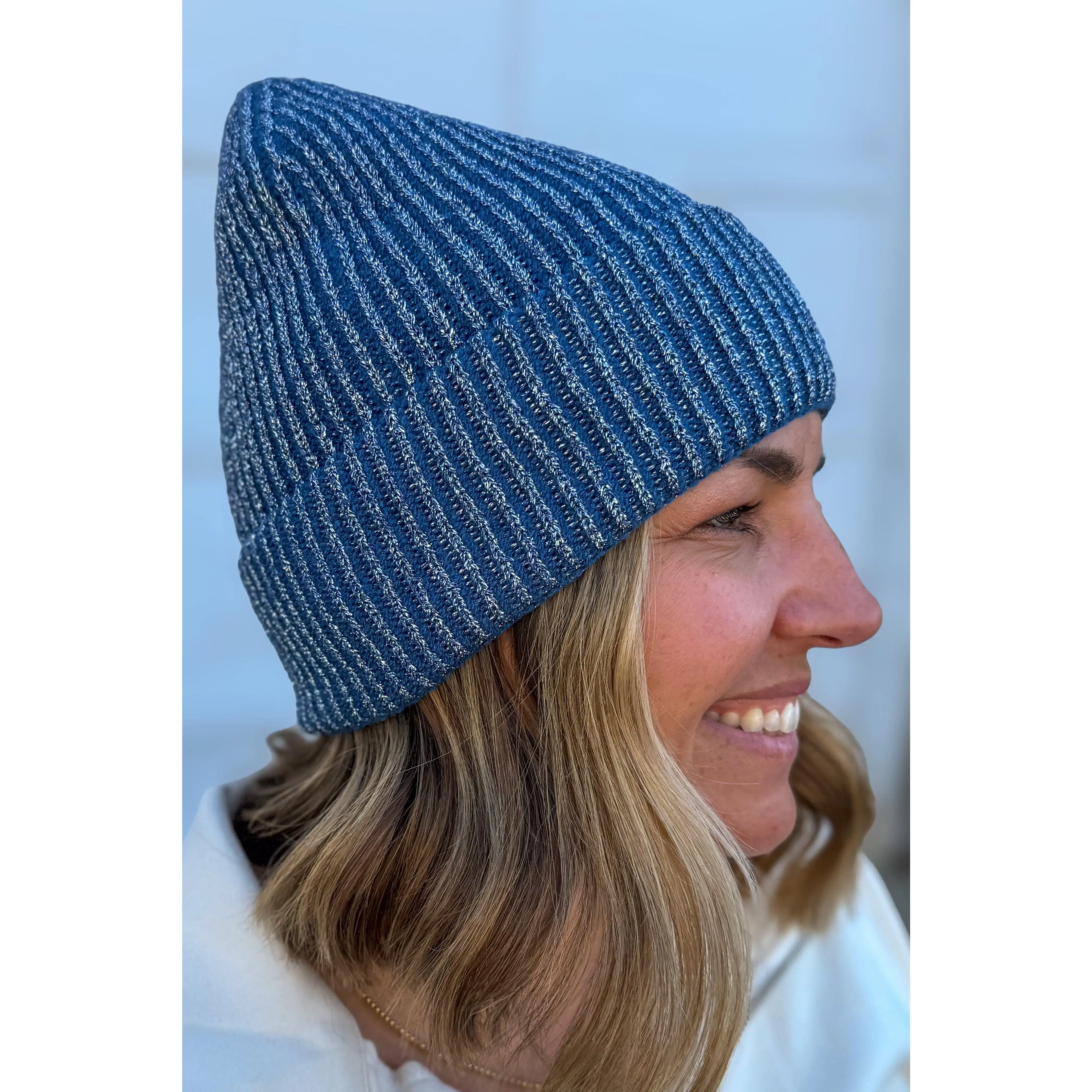 Blue Metallic Ribbed Beanie