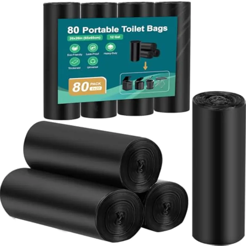 PAHTTO Portable Toilet Liners - 1.2 Mil HDPE, 1.1Mil HDPE Blocks Leaks, Durable Trash Bags, 12-Gallon Cap., Disposable, Odorless, Compact Roll, Effortless Tear-Off, Fits 5-Gallon Bucket Toilets for Camping, Home Care Supplies