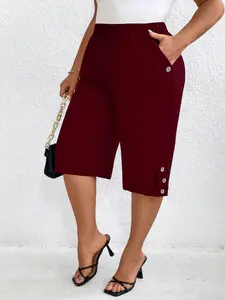 Elegant Plus Size Solid Color Elastic Waist Slant Pocket 7/8 Pants, Comfortable High Stretch Women's Fitted Casual Trousers