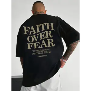 Men's Combed Cotton Boxy Cut Round Neck Tee - Menswear Top, Digital Sublimation Printing, Soft Fabric, Faith Over Fear Graphic, Hoodie-Inspired Design, Unisex Fit, All Seasons Wear, Affordable Casual, COD Available, Size M, Black 2
