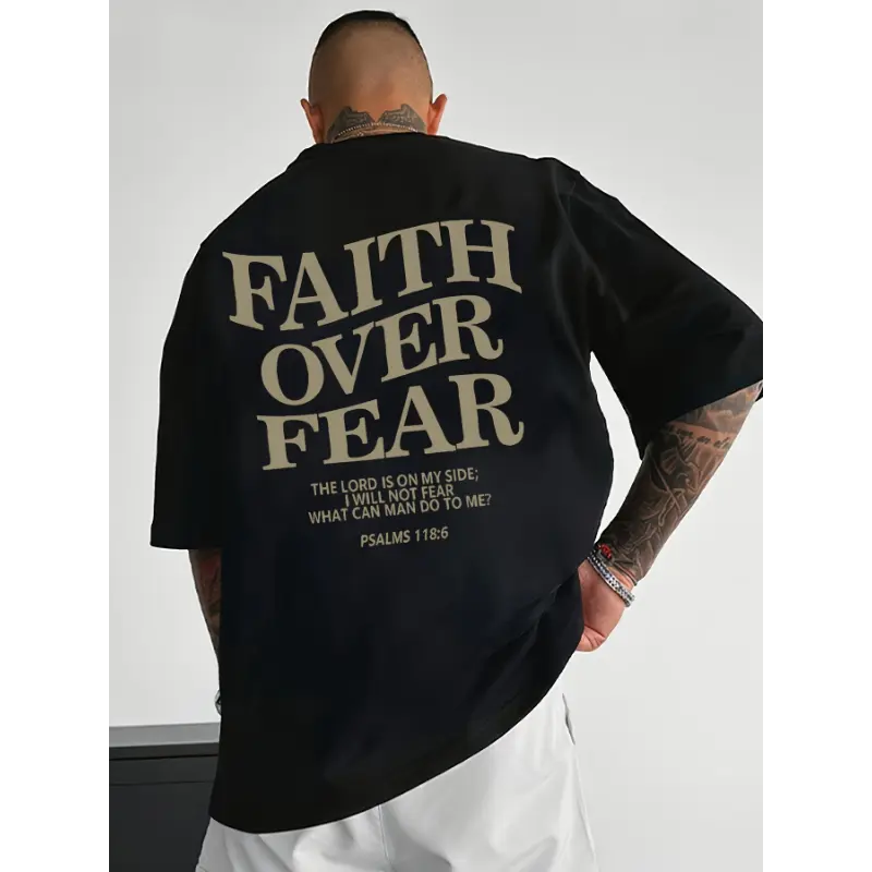 Men's Combed Cotton Boxy Cut Round Neck Tee - Menswear Top, Digital Sublimation Printing, Soft Fabric, Faith Over Fear Graphic, Hoodie-Inspired Design, Unisex Fit, All Seasons Wear, Affordable Casual, COD Available, Size M, Black 2