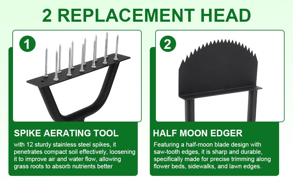 2-in-1 Lawn Aerator Spike Metal Manual Half Moon Tool with 12 Stainless Spikes 2 Replacement Heads for Compact Soil Garden Sidewalk Flower Beds Gardening Set Puller