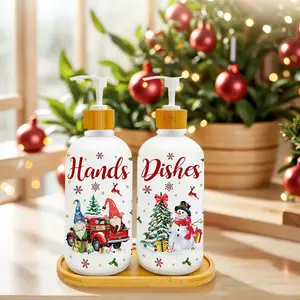 Christmas Soap Dispenser Set 2, Festive Kitchen Decor, Santa Claus Design, Includes Tray, Home Indoor Decoration, Refillable Pump Bottle