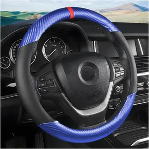 Steering Wheel Cover, Carbon Fiber Breathable Microfiber Leather with Non-Slip Lining, Cool in Summer Warm in Winter for Men Women, Universal 15 Inch for Most Cars (Carbon Fiber Blue)