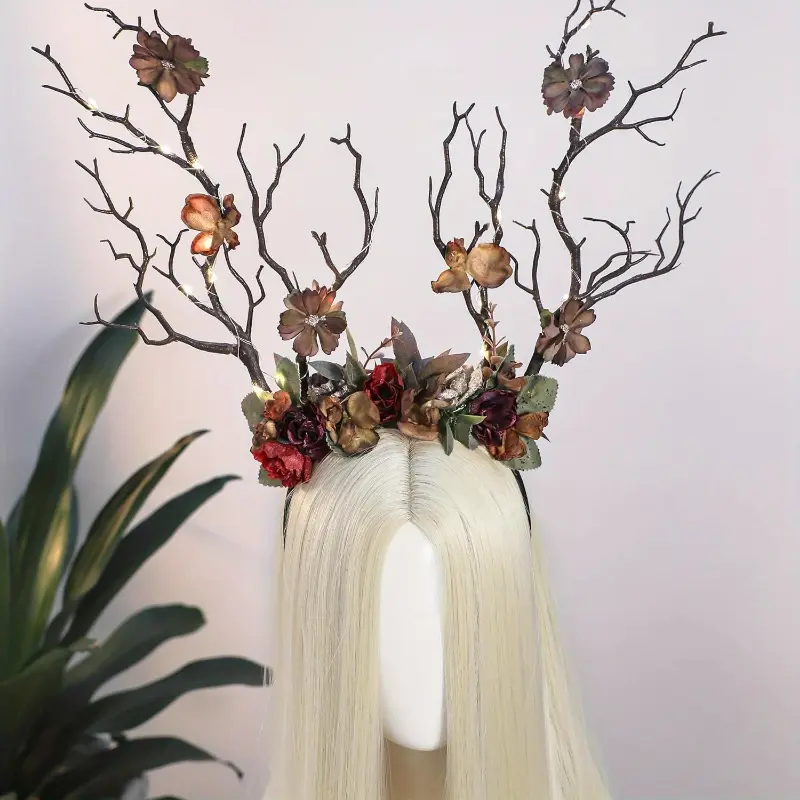 Rustic Deer Antler Branch Crown, Women's Renaissance Fairy Tale Headpiece with Autumnal Leaves and Flowers for Ren Faire, Cosplay & Halloween, Plastic, Ren Faire Fairy Tale Headpieces, Female, Party, Autumn Leaves, Decorative Leaves