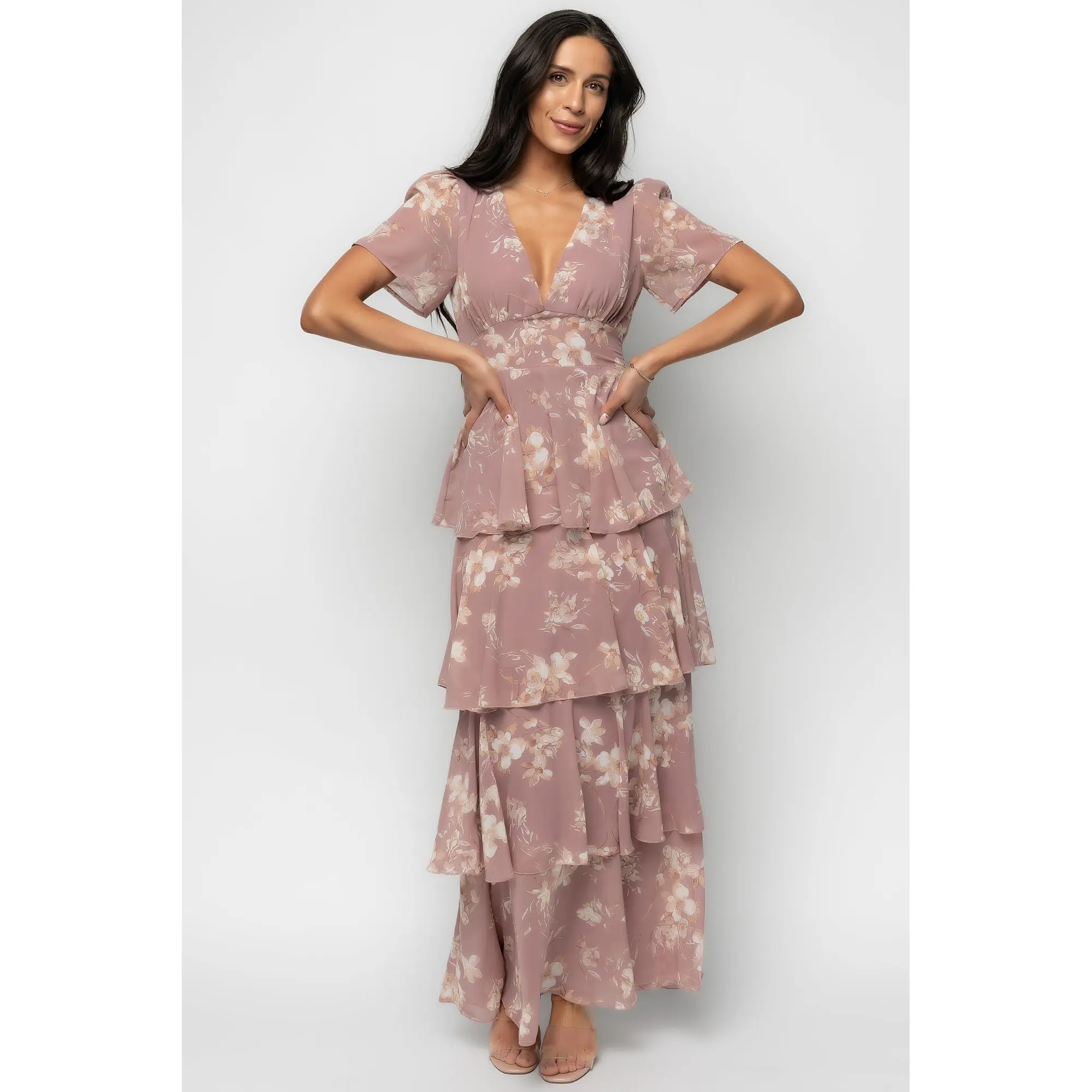 Women's Montaigne Ruffle Maxi Dress, Mauve Floral, Polyester Shortsleeve, Asymmetrical Design for Elegance