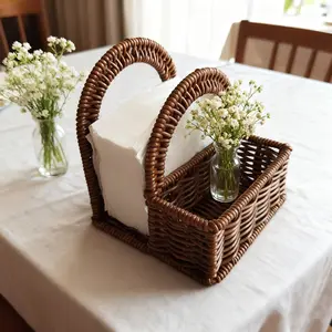 Imitation Rattan Napkin Holder, Christmas & Halloween Decor Basket, Fall Home Decor, Kitchen & Desk Organizer, Utensil Holder, Boho Style, Home Decor Baskets, Bohemian Basket, Home Storage Supplies