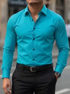 Men's Light Blue Diamond Print Business Casual Formal Fitted Button Up Collared Long Sleeve Shirt, Stylish Men's Clothing for Office & Daily Wear