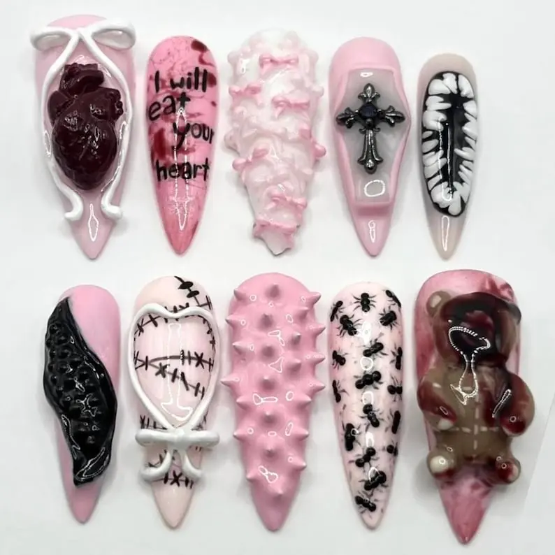 Gothic 3D Press On Nails Creepy Horror Art Set Pink Heart Bear