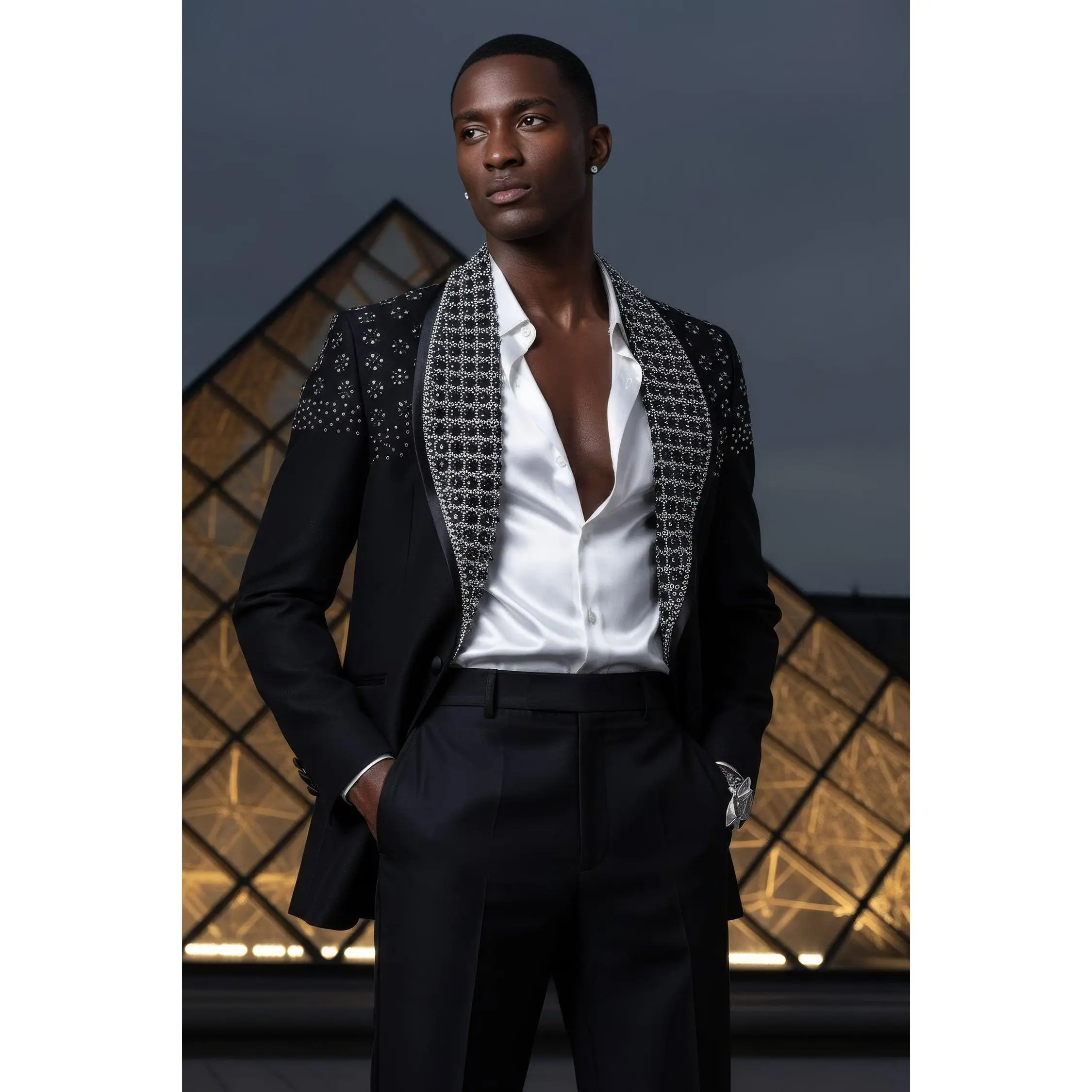 Trelix Rhinestone Blazer - Elegant Black Coat with Collar, Spandex Fabric, Long Sleeves, Suitable for Men Slim Fit Formal Floral Pocket Menswear Overall