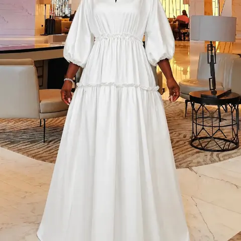 Women's Plain Frill Trim V Neck A Line Dress, Elegant Chic Bishop Sleeve Zipper Back Maxi Dress for Party Holiday Wedding Guest Formal Wear, Wedding Guest Dresses, Ladies Clothes for All Seasons