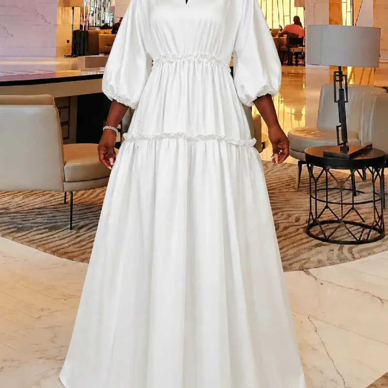 Women's Plain Frill Trim V Neck A Line Dress, Elegant Chic Bishop Sleeve Zipper Back Maxi Dress for Party Holiday Wedding Guest Formal Wear, Wedding Guest Dresses, Ladies Clothes for All Seasons