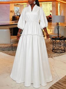 women's plain frill trim vneck a line dress, elegant bishop sleeve maxi dress for party holiday guest, ladies clothes for all seasons, chic formal dresses, wedding guest dress, womenswear, classy flattering, beautiful gowns, wedding dress prom