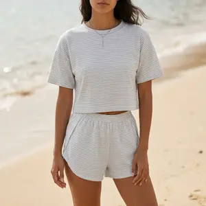 Women's Soft Striped Crop Top with Side Slit Shorts Pajama Set Loose Fit Sleepwear Tee Shirts and Split Shorts for Mom's Gift and Casual Outdoor