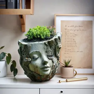 Rustic Girl Face Handmade Resin Planter, Irregular Wood Grain Flower Pot, Planter Box, Creative Plant Container for Indoor Outdoor Desktop, Patio, Balcony and Garden Landscape Decor, Great Gardening Gift