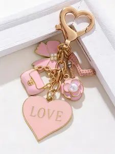 Heart-Shaped Bag Charm, Purse Charm Pink & Gold, Multi-Element Girly Style Understated Luxury Cute Wear-resistant and scratch-resistant For Bags, Keys, Earphone Cases Gifts for Friends, Birthday Gifts Sparkly Bag Charm