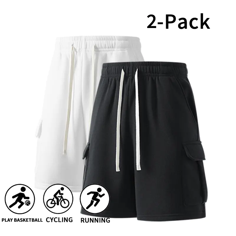 Men’s 2 Pack Black and White Cargo Sweat Shorts, Comfortable Elastic Waist Drawstring Shorts with Side Cargo Pockets, Ideal for Basketball, Cycling, Running, Gym Workouts, and Casual Everyday Wear
