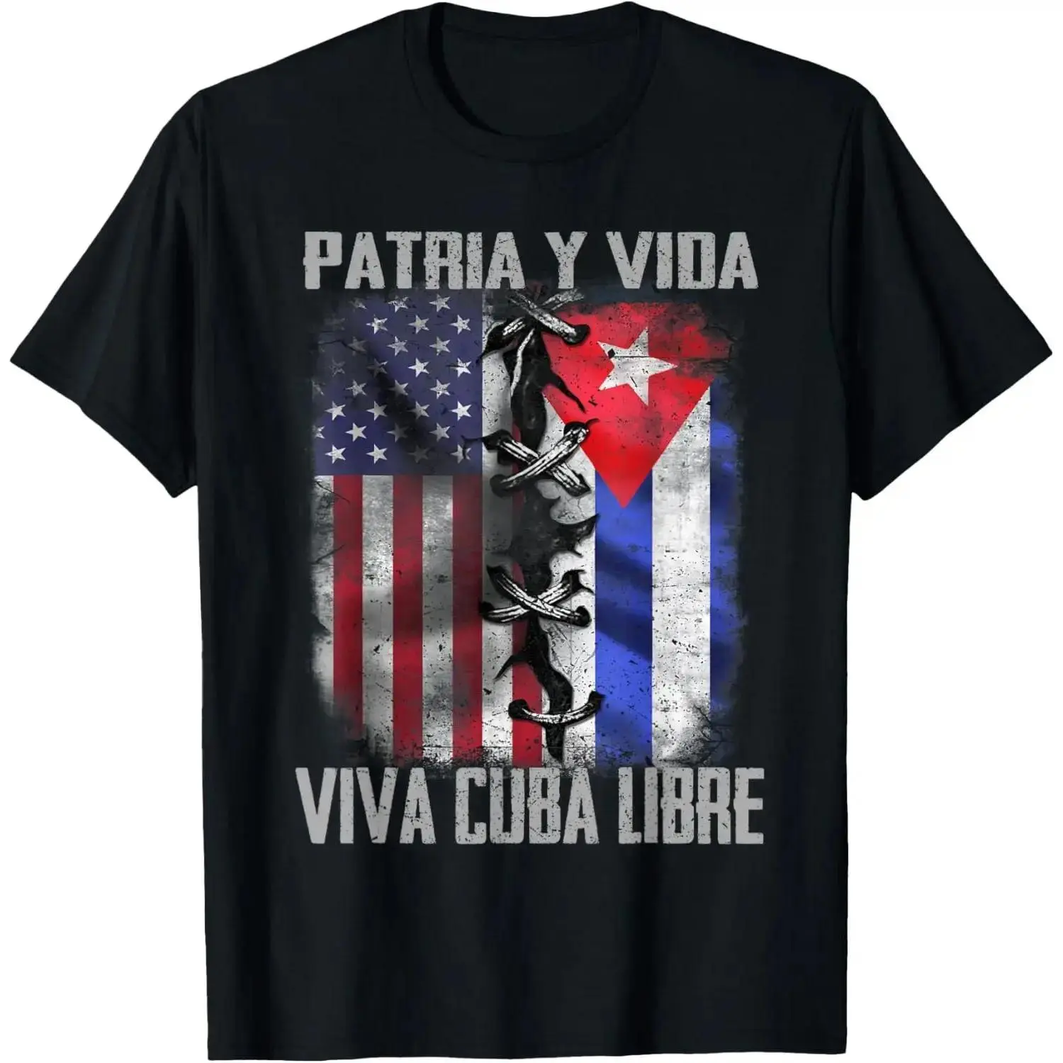 Men's Casual Classic Short-Sleeve Cotton Fabric T-Shirt - Patria Y Vida Viva Cuba Libre, Vintage Distressed USA-Cuba Flag Graphic, Cuban American Heritage, Unisex Oversized Retro Streetwear Gift for Freedom Supporters