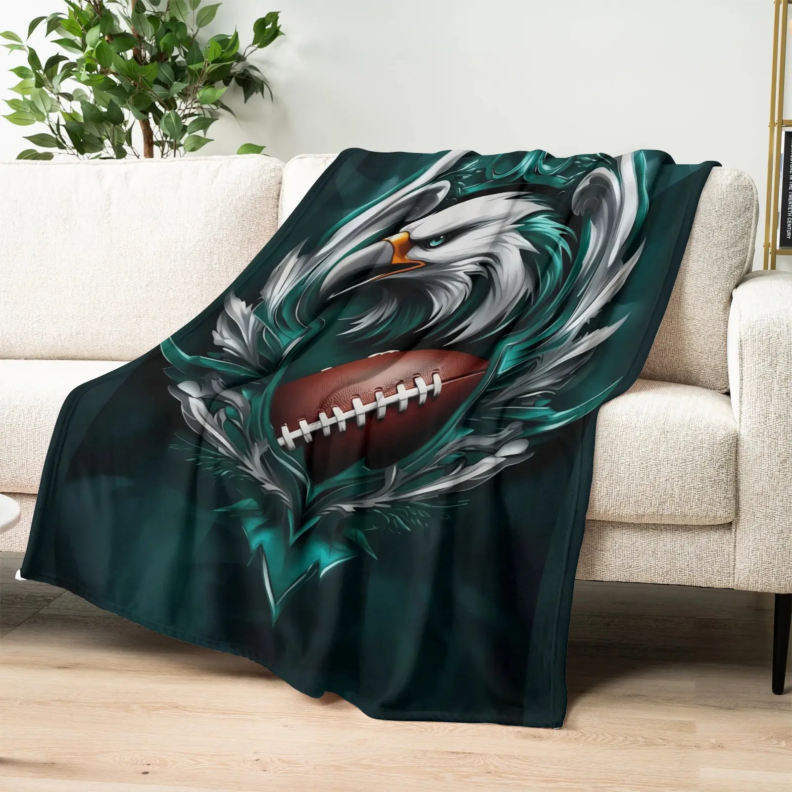 Classic Retro Eagle Football Logo Flat-Weave Flannel Throw Blanket, Ultra-Soft All-Season Home Cover with Vivid Vintage Sports Print, Ideal Room & House Decor Gift for Sports Fans
