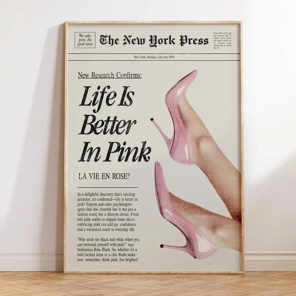 1PC Frameless Life is Better in Pink Poster Canvas Painting Vintage Aesthetic Wall Art for Living Room Home Office Bedroom Decor