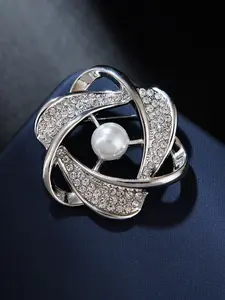 Elegant Rhinestone Faux Pearl Flower Brooch Pin, Autumn Winter Suit Accessory, Fashionable Simple Design, Perfect for Men & Women