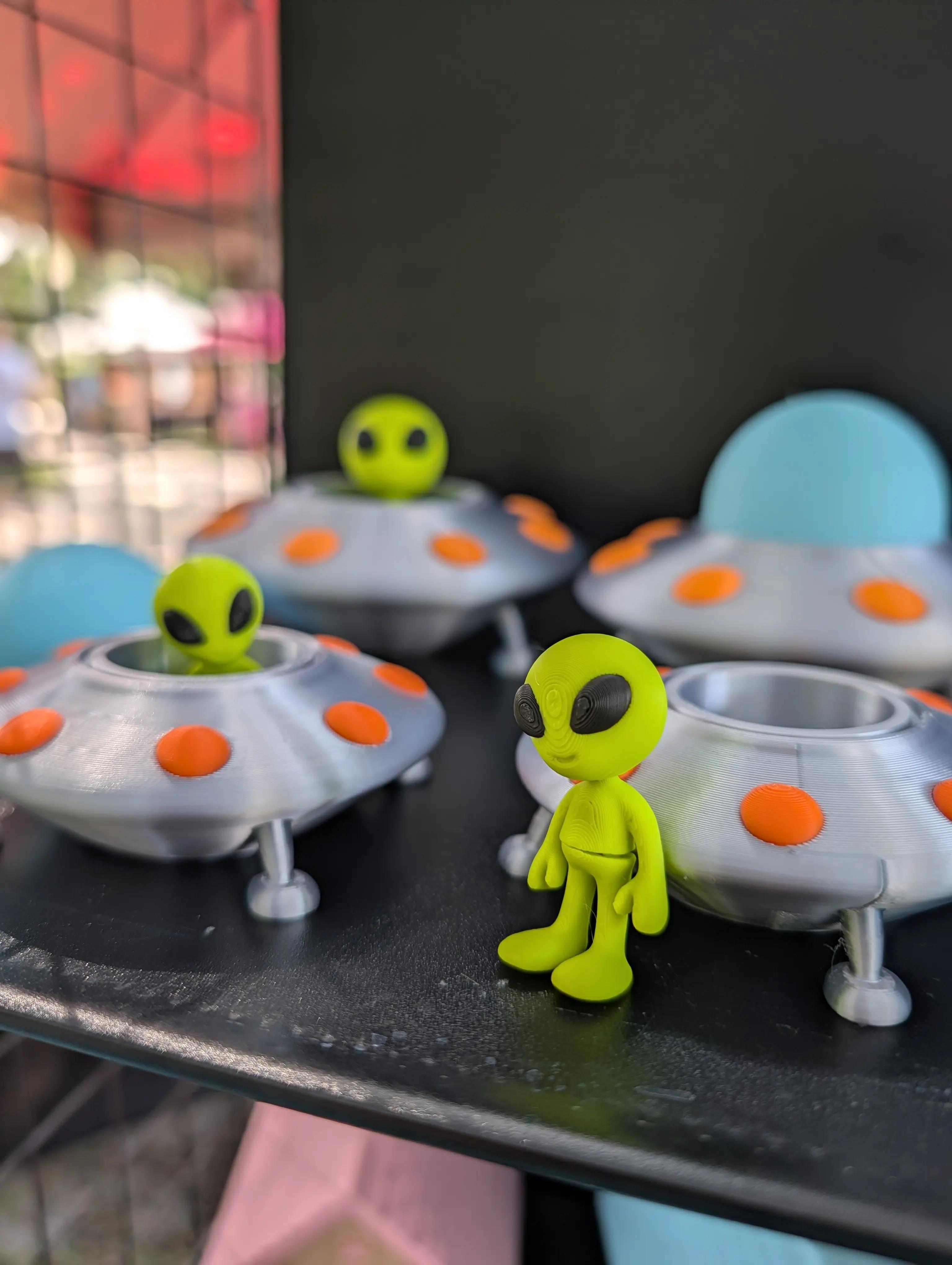 3D Printed Flexi Alien in UFO | Removable Dome | Green & Silver Novelty Desk Figure | Small or Large