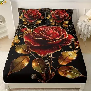 3PCS Golden Rose Bed Sheet Set (1 bed sheet+2 pillowcases without pillow core), made of polyester material, with high-definition printing for home, bedroom, and dormitory