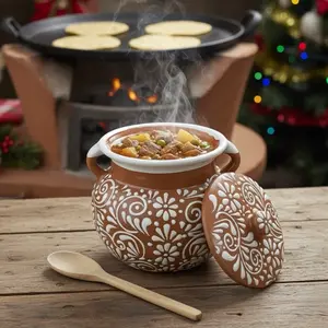 Talavera Brown & White Frijolera Pot – Lead Free – 9x8” – “Frijolera Style Pot”
