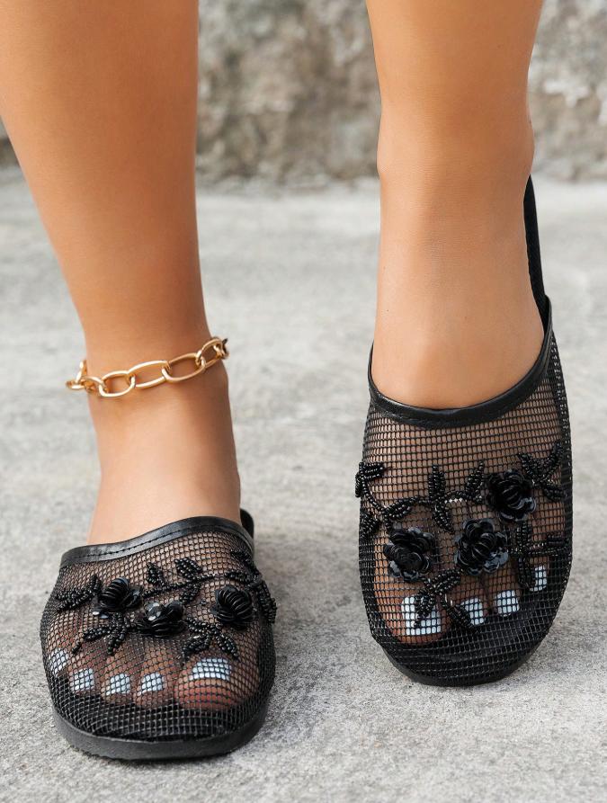Women's Floral Beaded Mesh Chinese Slippers