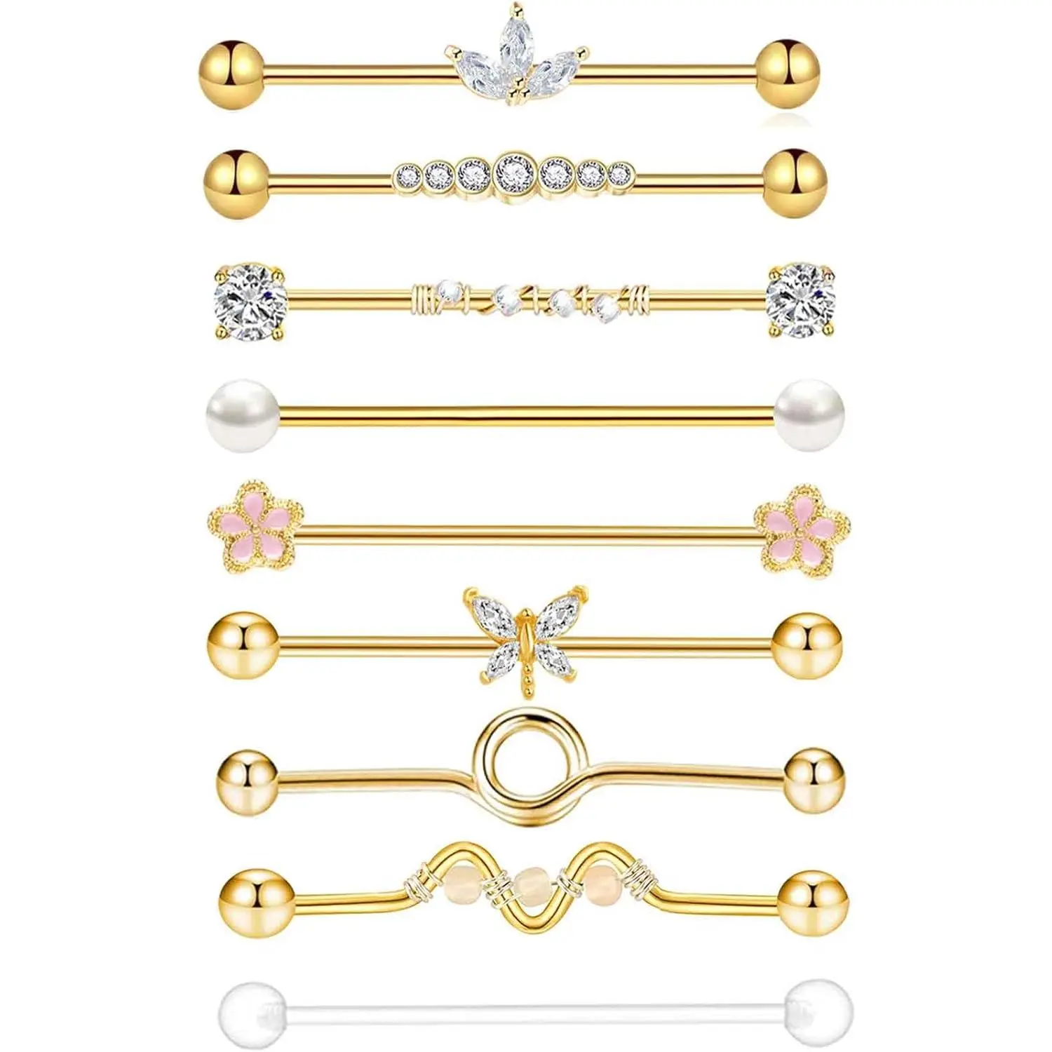 Helix Cartilage Piercing Body Jewelry Set for Women Men, Hypoallergenic Piercings with Multiple Styles in Mix Colors, Set 1, 14 Gauge, 10-16Pcs, Anniversary, Unisex, Industrial Earrings, 38Mm Bar Length, 5Mm Ball Diameter, Vertical Helix Earrings, Alloy