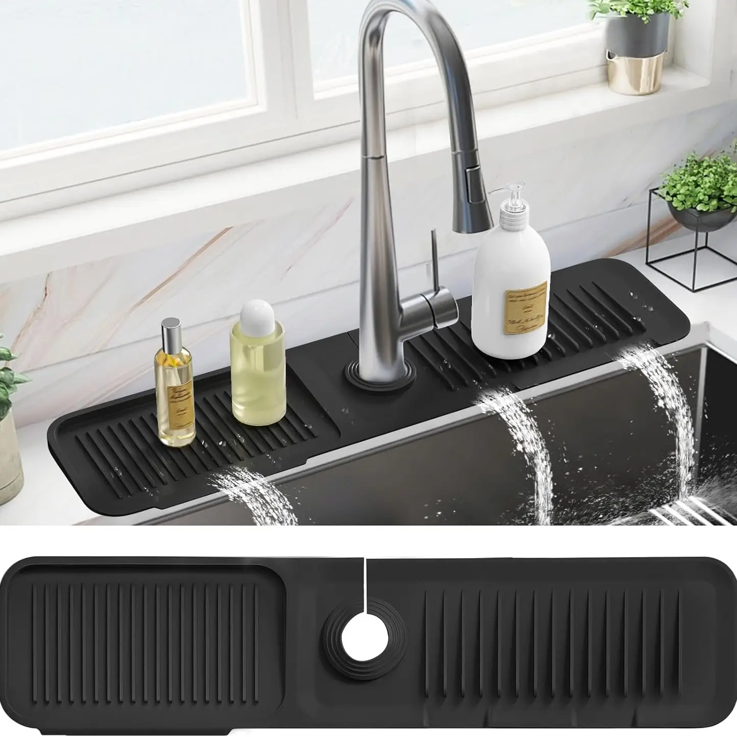 2025 Upgraded Kitchen Silicone Faucet Mat, Fast-Drying Sink Protector & Drip Collector, Non-Slip Faucet Splash Guard for Stone Sinks, Foldable Edge Wa