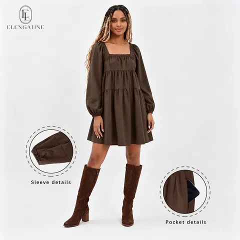 Elengatine Women's Basic Long Sleeve Casual Dress - Square Neck, Puff Sleeves, Tiered A-Line, Loose Fit, Flowy Polyester, With Pockets, Machine Washable for Daily Wear, Vacation, Womens Dresses