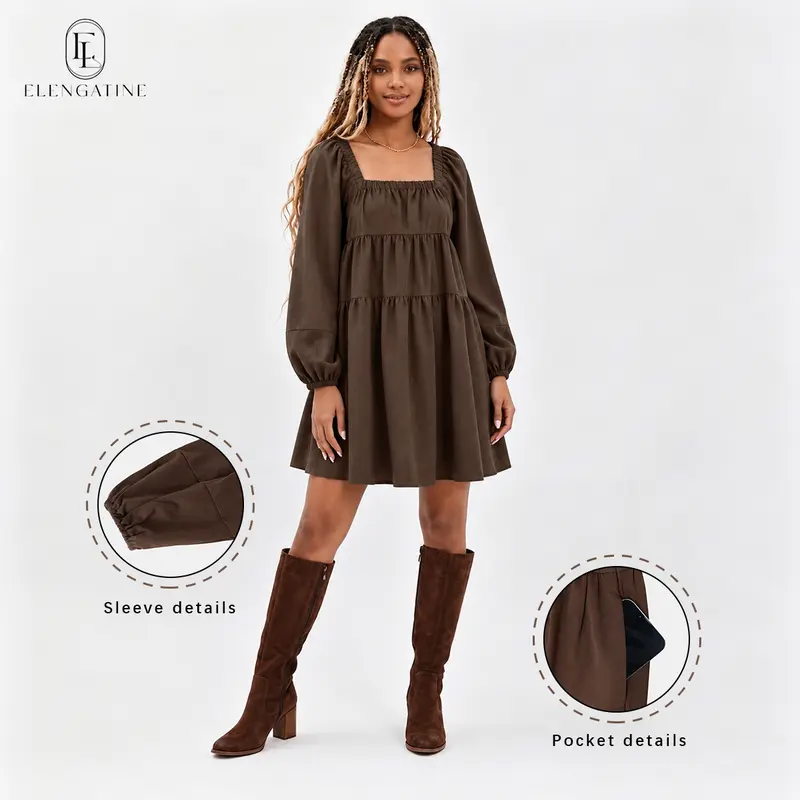 Elengatine Women's Basic Long Sleeve Casual Dress - Square Neck, Puff Sleeves, Tiered A-Line, Loose Fit, Flowy Polyester, With Pockets, Machine Washable for Daily Wear, Vacation, Womens Dresses