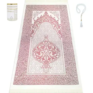 Muslim Prayer Rug Islam and Beads, Kaabe Design Box Eid Ramadan Gifts Islamic Set Carnal Salah Mat Taffeta Fabric Black Soft Prayer Mats Men and Women (Pink)