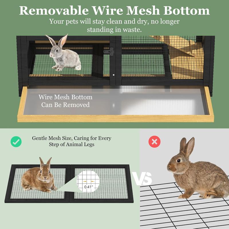 TIMHAKA 46.7" Elevated Rabbit Cage with Run Indoor & Outdoor Use Wooden Design 2 Removable Tray Waterproof Roof 4 Metal Wheels for Small Medium Animals