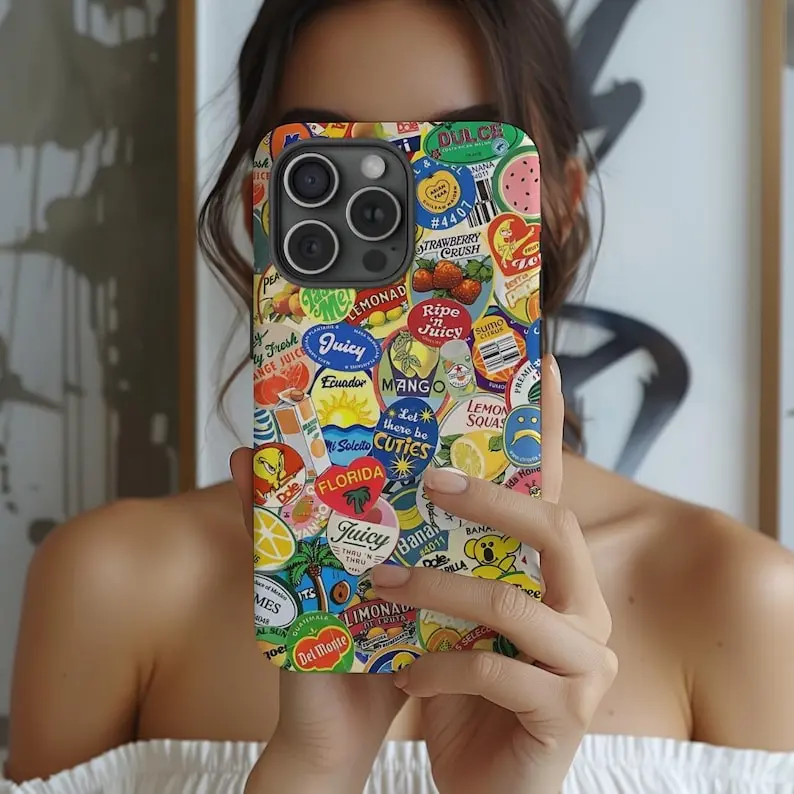 Fruit Sticker Collage 2-in-1 Premium Film Smartphone Casing - Summer Vibe, Maximalist Aesthetic, Durable, Shock-Absorbing Protection for iPhone 11-16, Plus, Pro, Pro Max Handheld Cellphone Devices - Ideal Birthday Gift,back to school,back to school haul