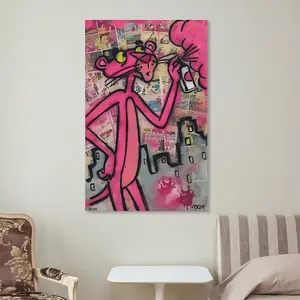 Pink Panther Street Art Graffiti Edition Print Poster with Spray Can by Ekim Canvas Wall Art for Modern Home Decor
