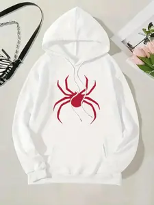 Women's Spider Print Drawstring Hoodie, Fashion Casual Hooded Sweatshirt for Daily Holiday Outdoor Wear, Women Clothing for Fall & Winter
